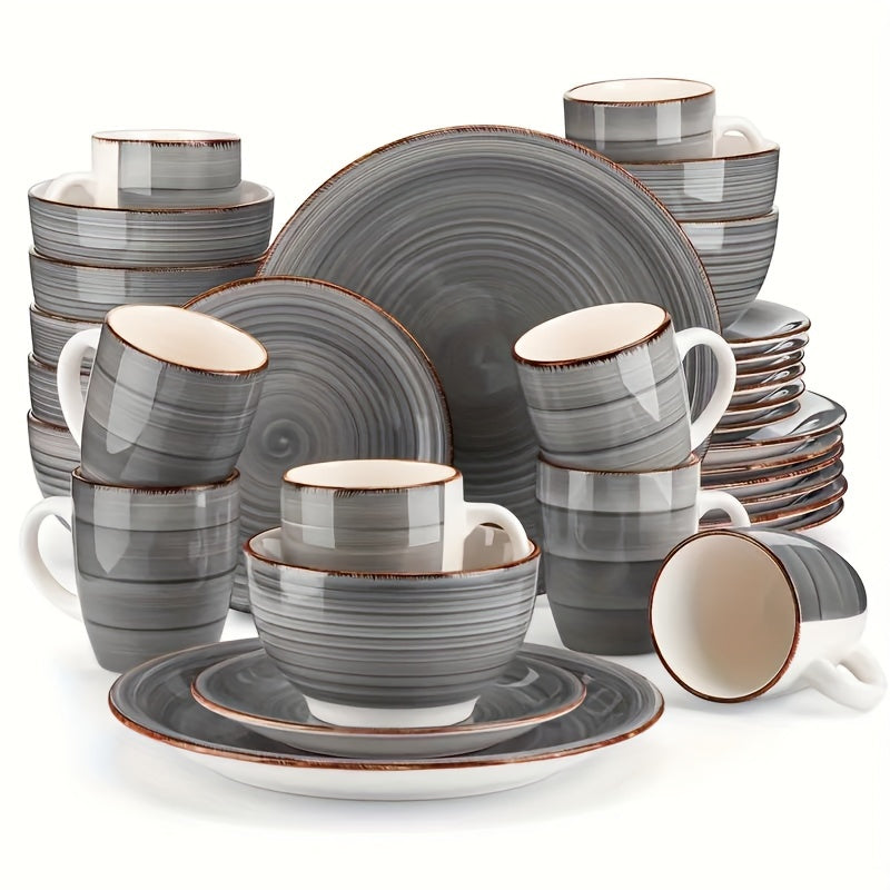 32pcs Classic Grey Handmade Porcelain Dinnerware Set, Dishwasher & Microwave & Oven Safe, Healthy Stoneware Tableware for Restaurant and Home Kitchen Use, Elegant Gift for Christmas & Thanksgiving Day