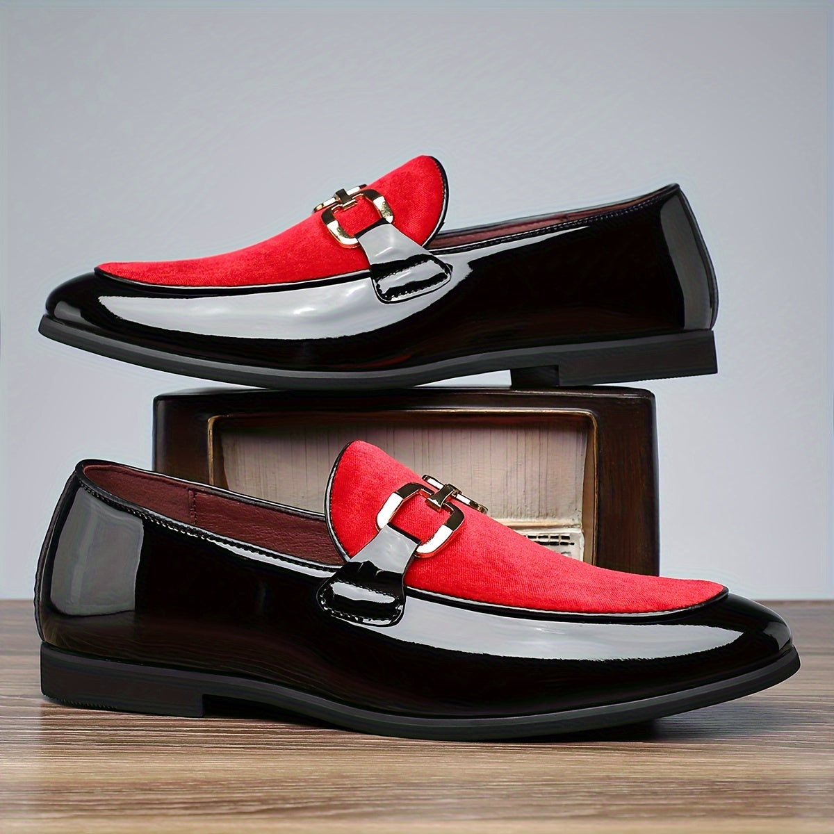 Men's Classic Loafers - Solid Color Slip-On Dress Shoes, PU Upper & Lining, Durable Rubber Sole, Red and Black