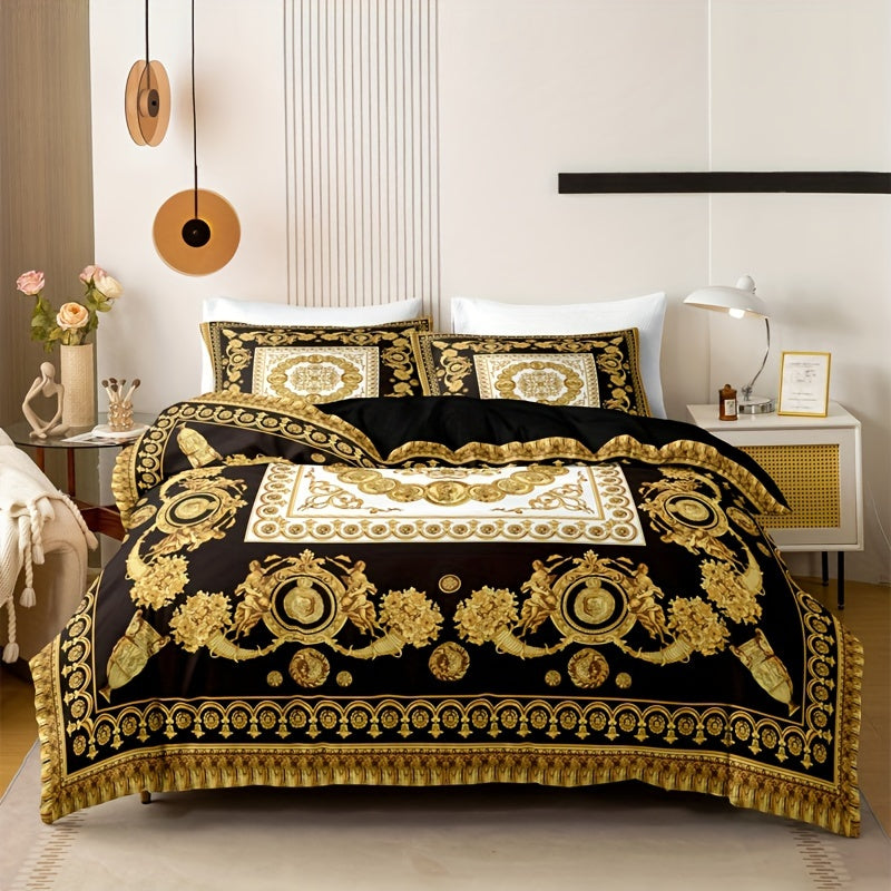 3 Pieces Luxury Black & Golden Digital Printed Duvet Cover Set with Pillowcases - Suitable for EU Single, EU Double, US Twin, US Full, US Queen, US King, and US Super King Beds - Machine Washable, Zipper Closure, 90g Polyeste