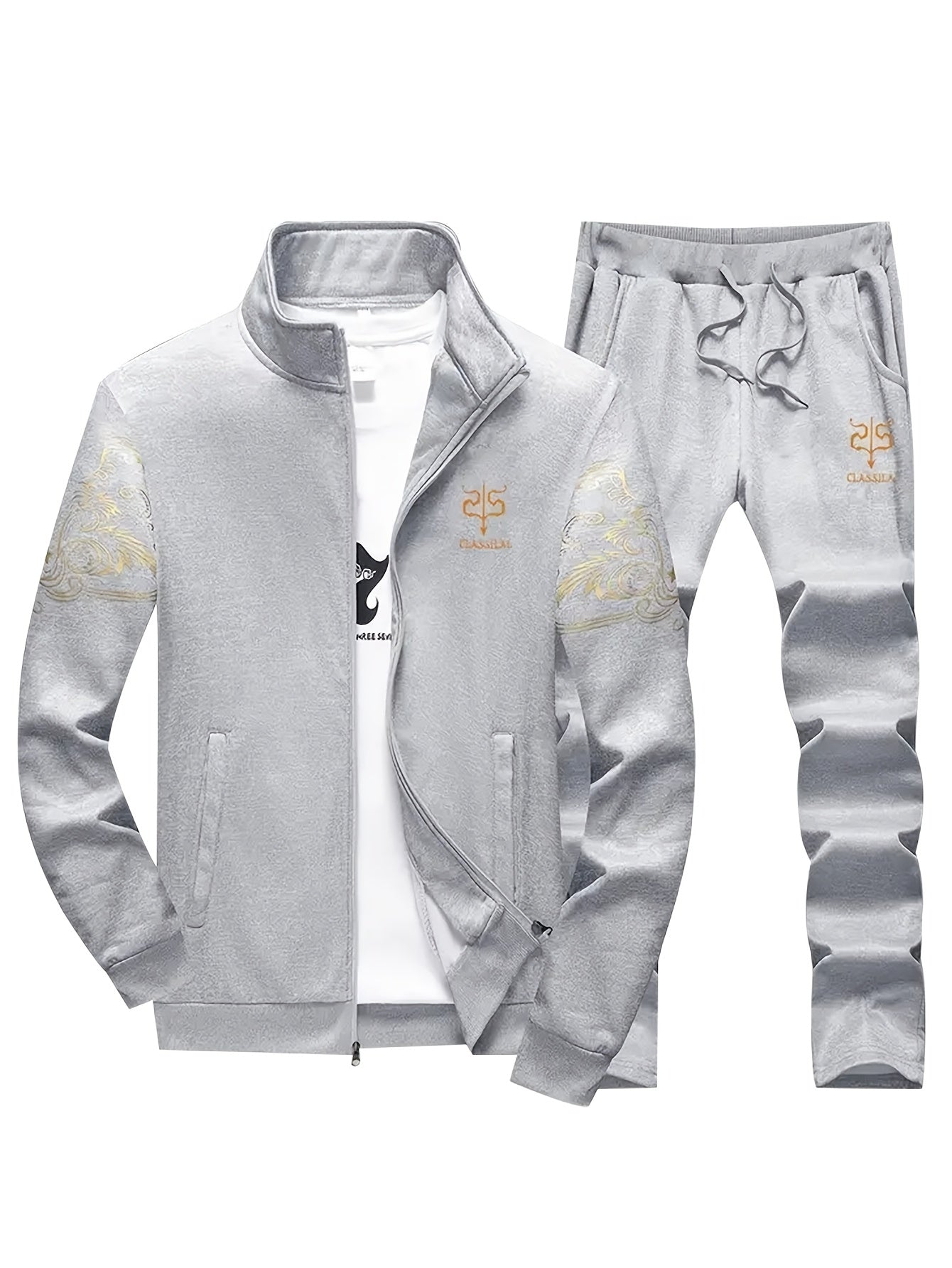 Men's Casual Sportswear Set - Knit Polyester, Machine Washable, Stand Collar Zip-Up Jacket & Drawstring Pants with Pockets