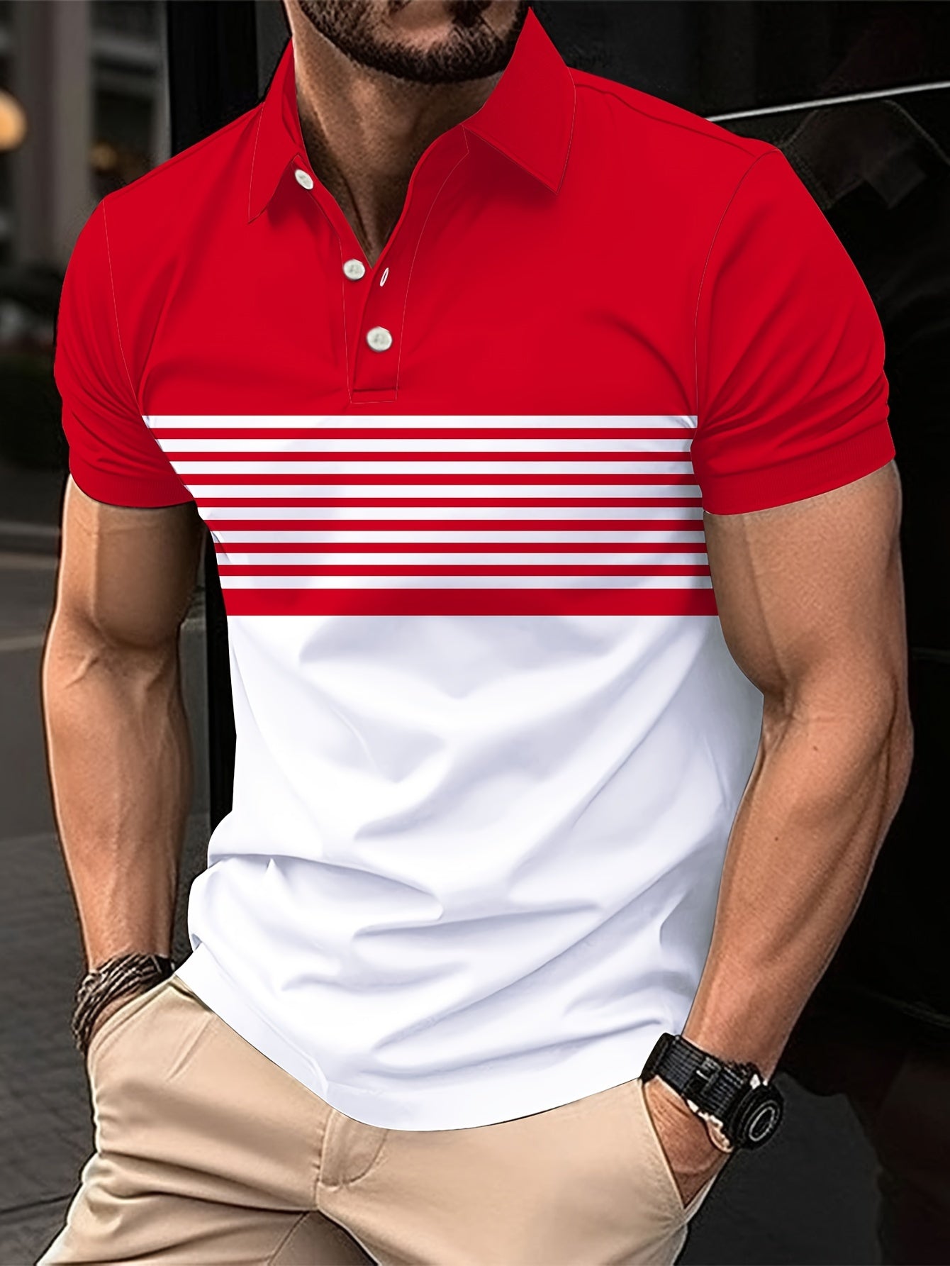 Stylish Men's Striped Golf Shirts - Color-Blocked, Short Sleeve, Lapel Design, Slight Stretch, Regular Fit, - Perfect for Warm Weather Outings