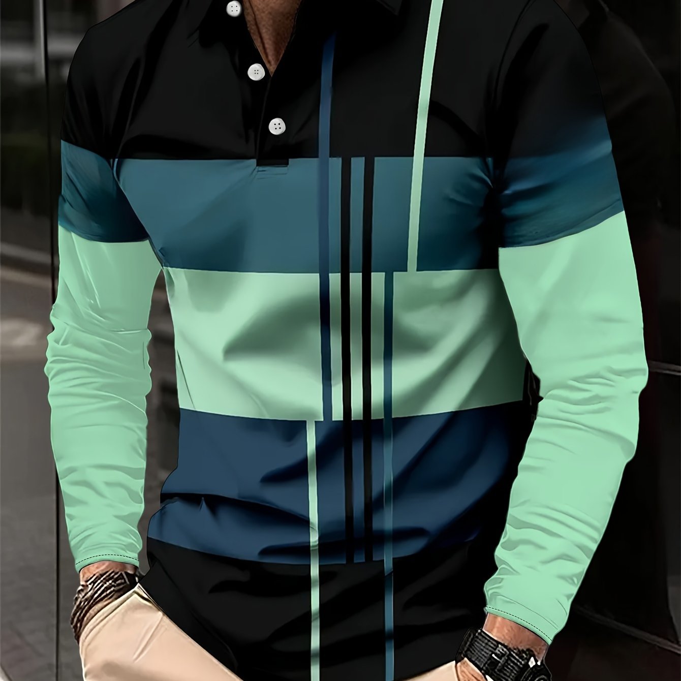 European and American Men's Long-sleeved Casual Printed POLO Shirt with Turnover Collar