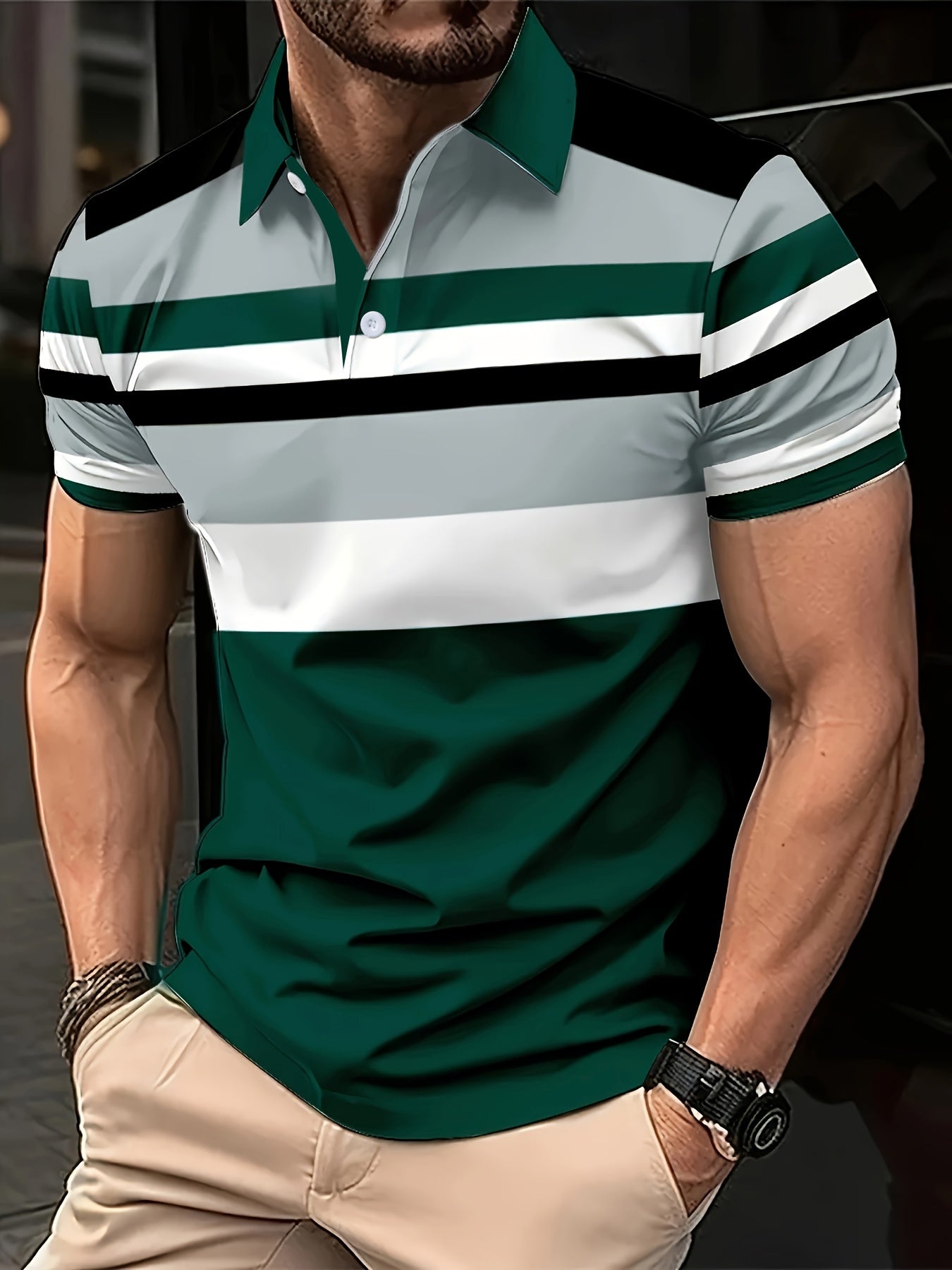 Men'S Casual Striped 3D Print Golf Shirt, Short Sleeve Button-Up Lapel Collar