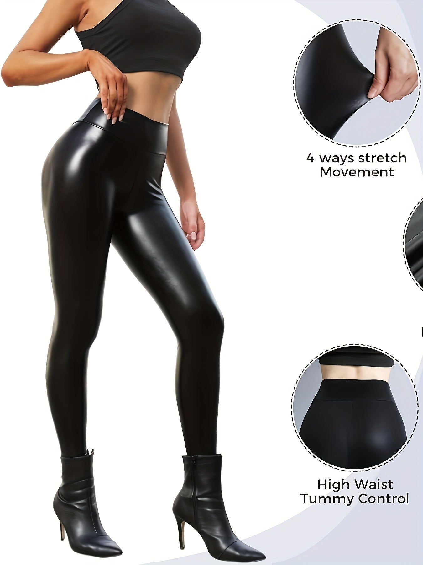 Women's High Waist Faux Leather Pants, Solid Color, Fashion.