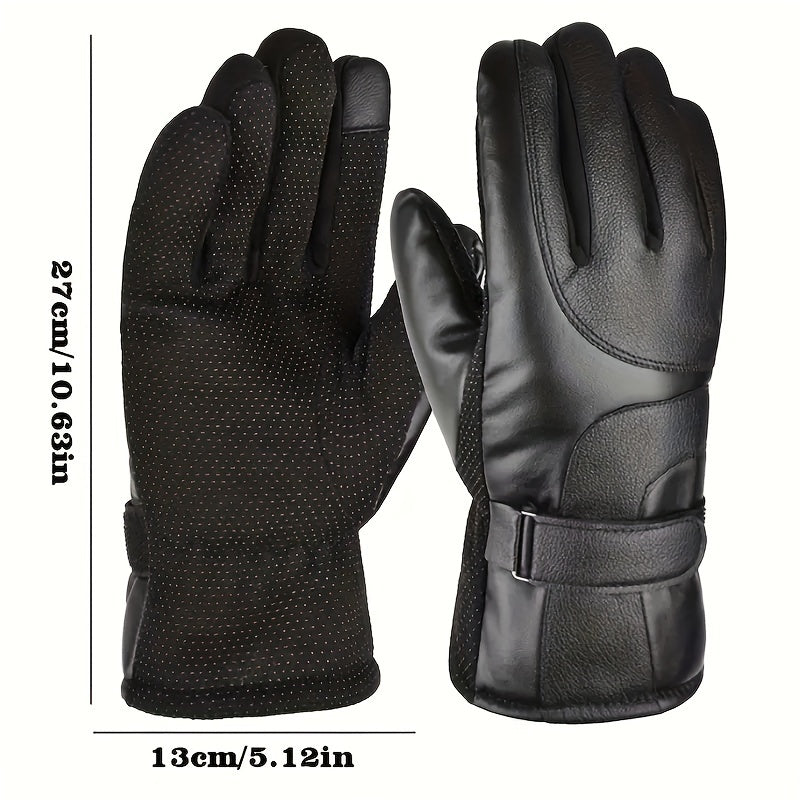 1 Pair Elegant Men'S Winter Gloves, PU Leather, 100% Polyester Fiber, black