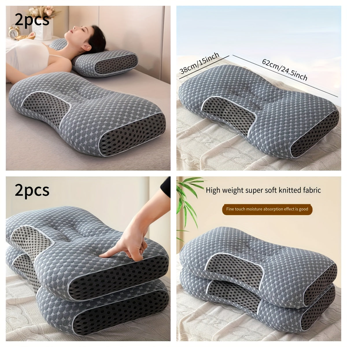 2pcs Breathable Soft Knit Pillows For Neck Support - Moisture-Wicking, Ideal For Sleeping And Home Decor, Black