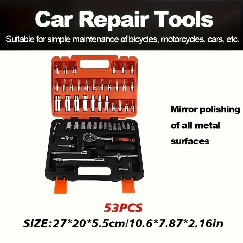 53pcs Multifunctional Auto Repair Tool Set - , With Storage Box, Including Ratchet Wrench, Screwdriver, Socket,