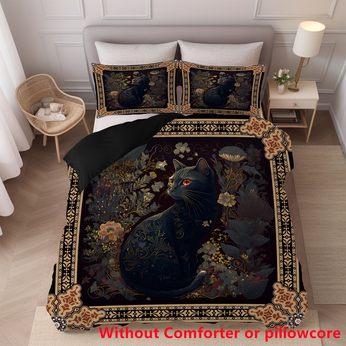 2/3pcs Bohemian Black Cat Print Duvet Cover Set (1 Duvet Cover + 1/，2 Pillowcase, Without Core), Soft Comfortable Bedding Set, for Bedroom,