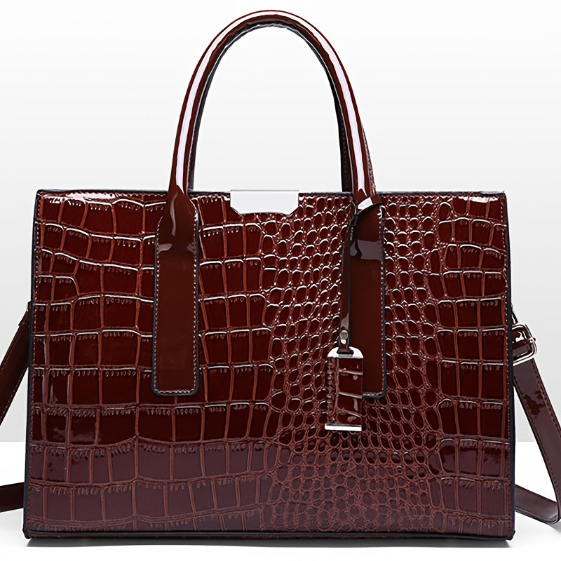 Chic Crocodile-Embossed Tote Bag for Women - Spacious & Versatile with Adjustable Strap, Zip Closure - Perfect for Work or  Available in Brown/Black