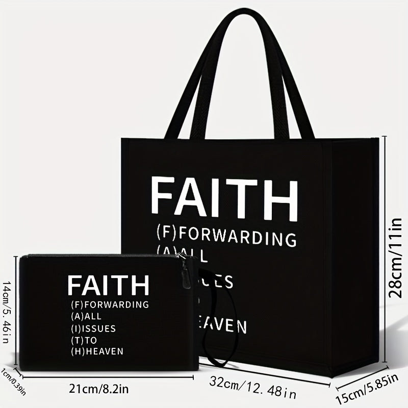 2pcs Faith-Inspired Linen Tote Bag and Pouch Set, Large Capacity Shoulder Bag with Printed Lettering,