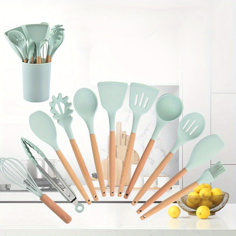 Non-Stick Cookware Storage Bucket, 12pcs Silicone Kitchen Utensil Set with Wooden Handles, Silicone Kitchen Tools Including Spatula, Oil Brush, Whisk, Tongs, And Ladle.