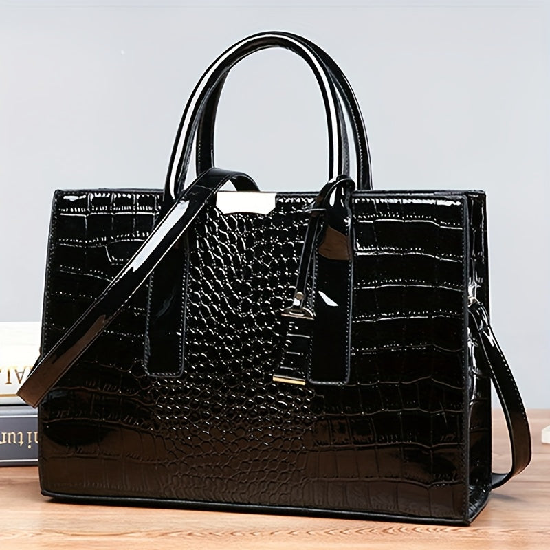 Chic Crocodile-Embossed Tote Bag for Women - Spacious & Versatile with Adjustable Strap, Zip Closure - Perfect for Work or  Available in Brown/Black