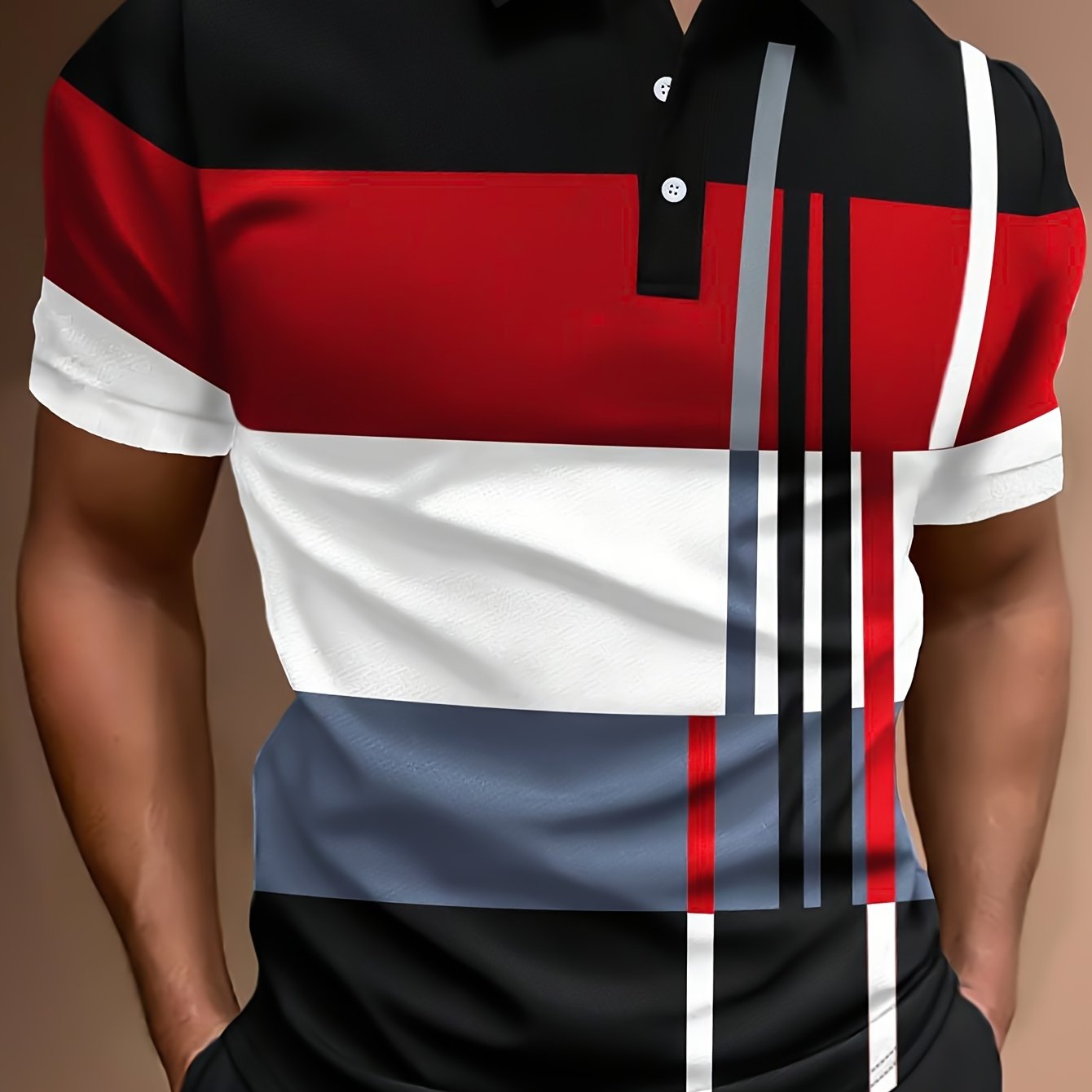 Mens Geometric Pattern Short Sleeve  Golf T-Shirt - Polyester Fabric, Machine Washable, Regular Fit, Casual Style - Perfect for Summer Outdoor Sports and Tennis