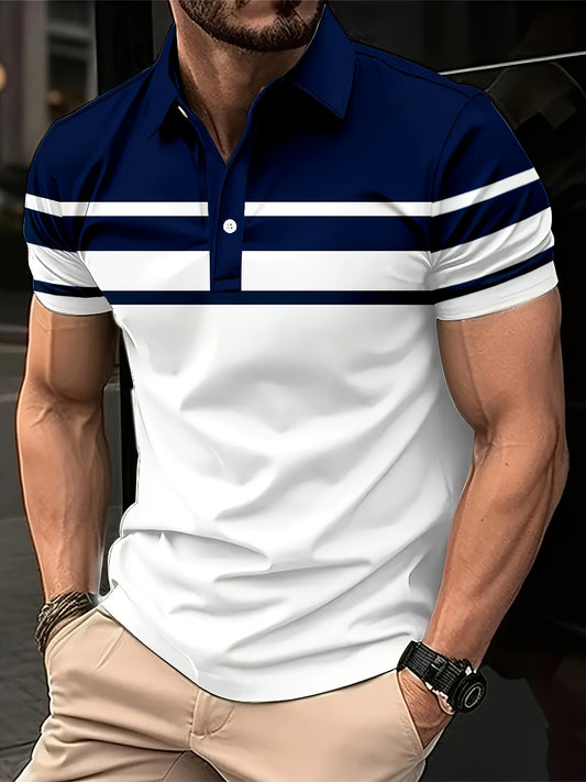 Men's Color Blocking Stripes Print Golf Shirt For Summer, Casual Stylish Short Sleeve Top As Gift