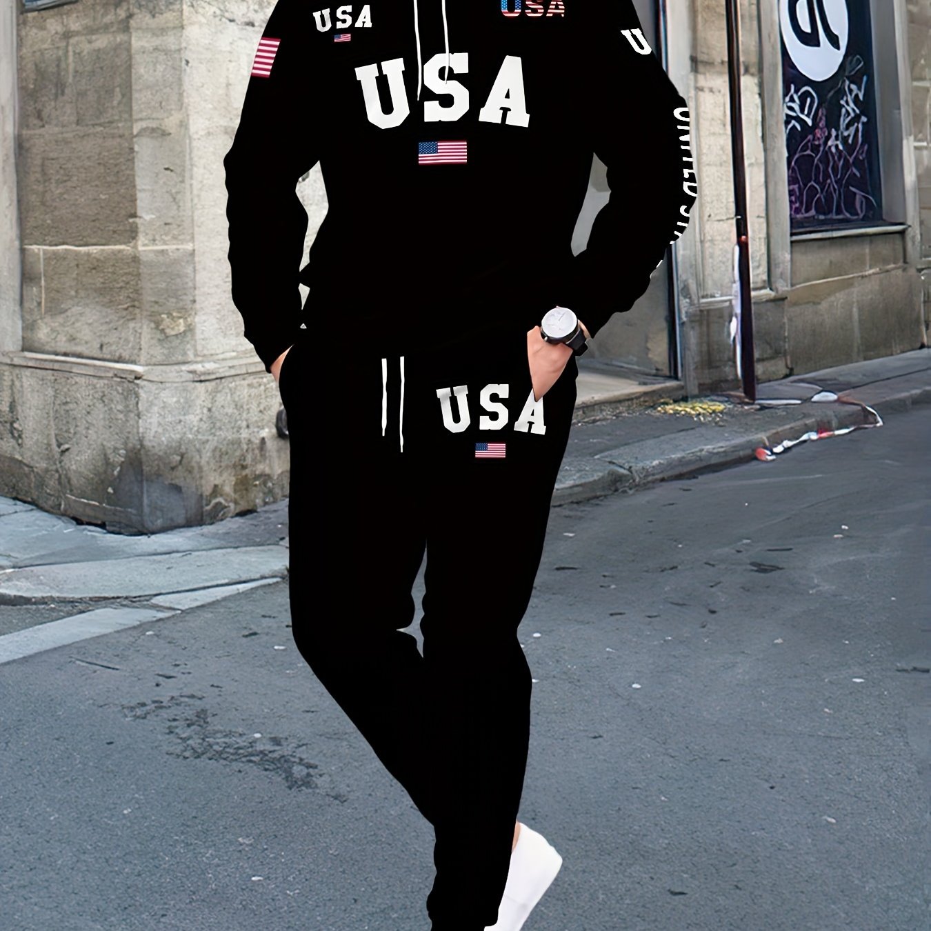 USA Letter Print Casual Hooded Sweatsuit Set for Men - 100% Polyester Long Sleeve Hoodie and Drawstring Joggers with Slight Stretch - Spring/Fall Outdoor Leisure Tracksuit