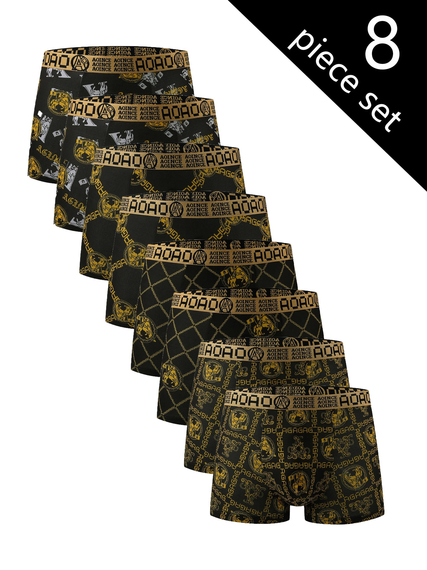 Stylish 8 Pcs Men's Luxury Black Gold Letter Chain Print Stretchy Boxer Briefs - Comfy & Quick-Drying & Breathable Underwear Set