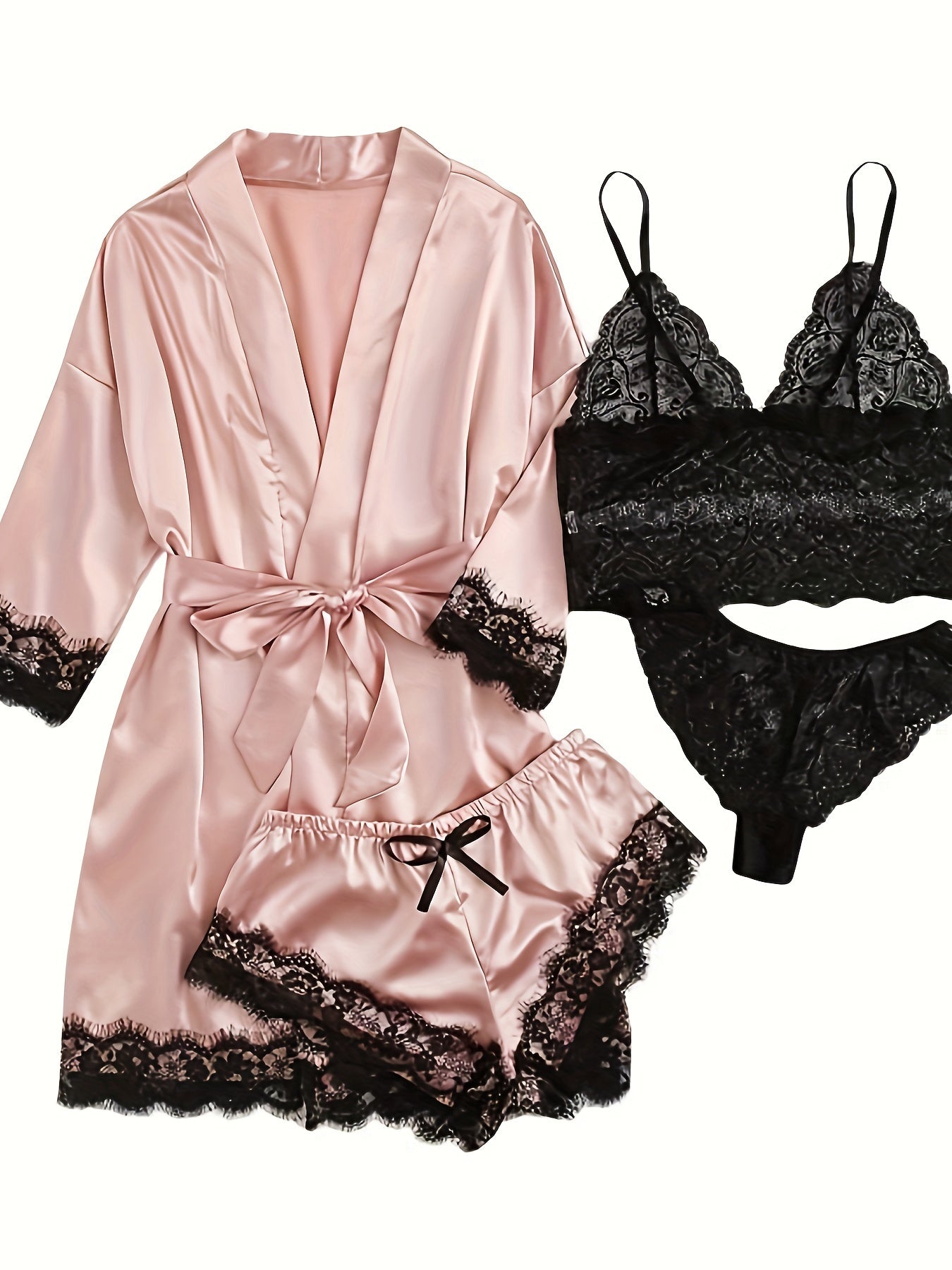 Women's 4-Piece Sleepwear Set, Three Quarter Sleeve Robe & V Neck Crop Cami Top & Panty & Mini Shorts