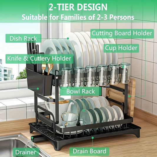 1 Black Two-Layer Multiple Compartments, Tableware Rack, and Stainless Steel Shelf.