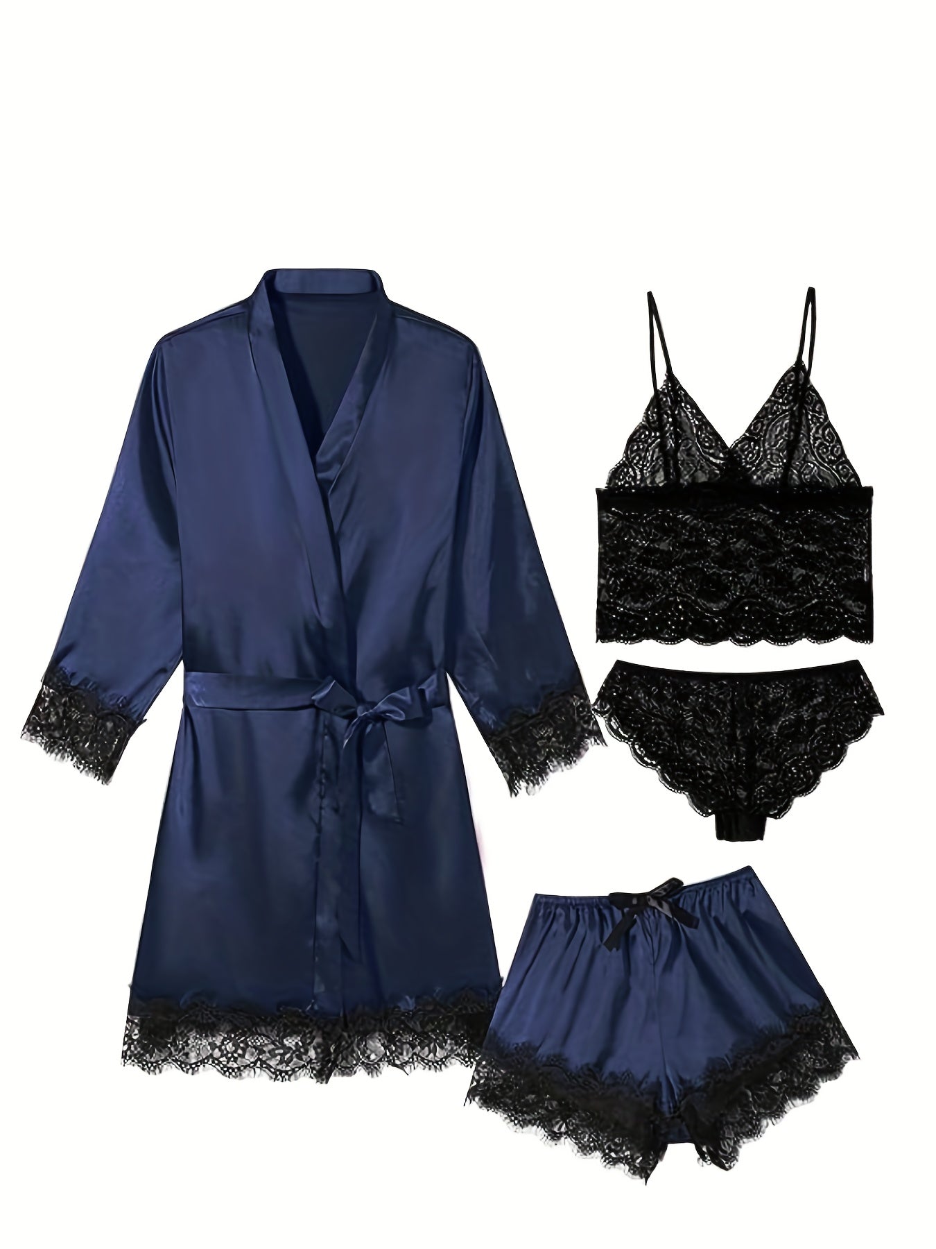 Women's 4-Piece Sleepwear Set, Three Quarter Sleeve Robe & V Neck Crop Cami Top & Panty & Mini Shorts