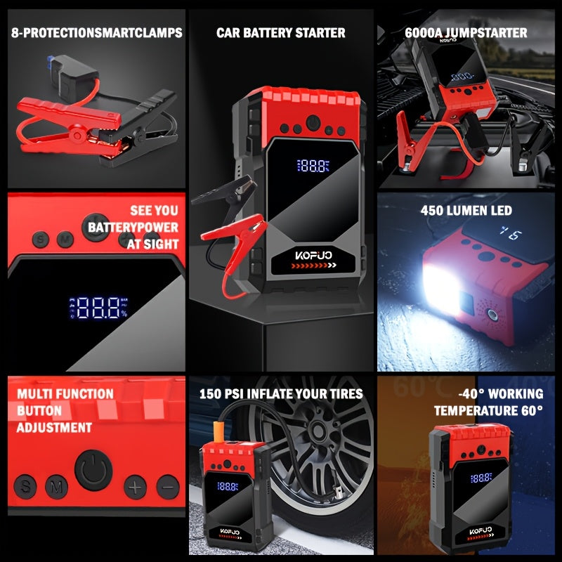 6000A 4-in-1 Car Jump Starter with 150PSI Tire Inflator, LED Lighting, LCD Display, and Anti-Reverse Smart Clip