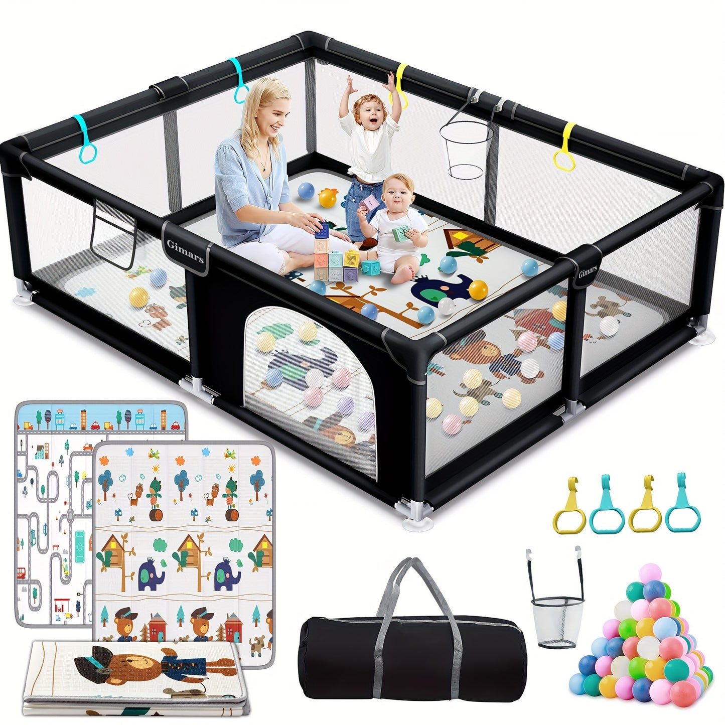 Youngsters Playpen, Large 50"x50" Fence with Padded Top Bar, Sturdy Safety Enclosure, Zippered Door for Outdoor Use, Black