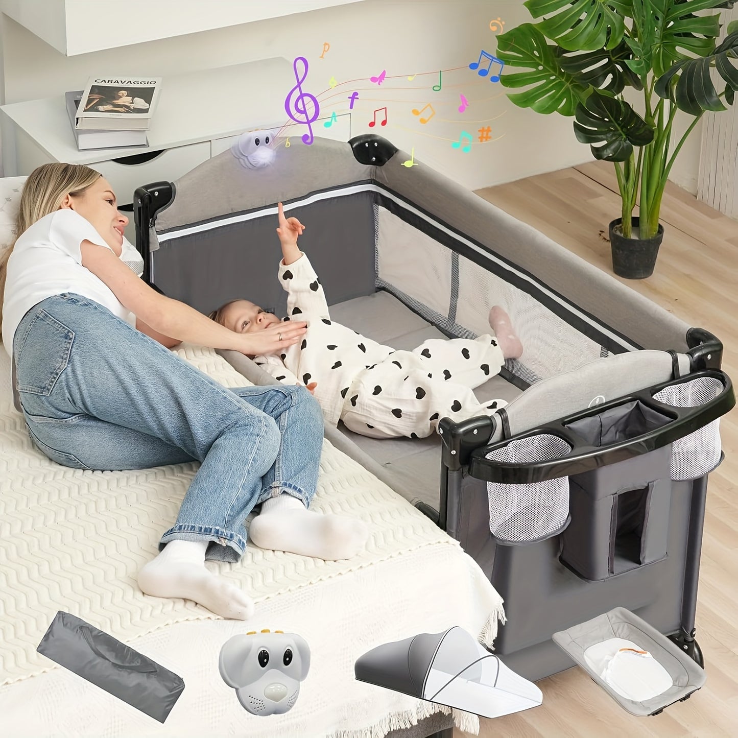 5 In 1 Baby Bassinet Bedside Sleeper - Beside Bassinet With Diaper Changer, Mattress, Bedside Crib With Storage,