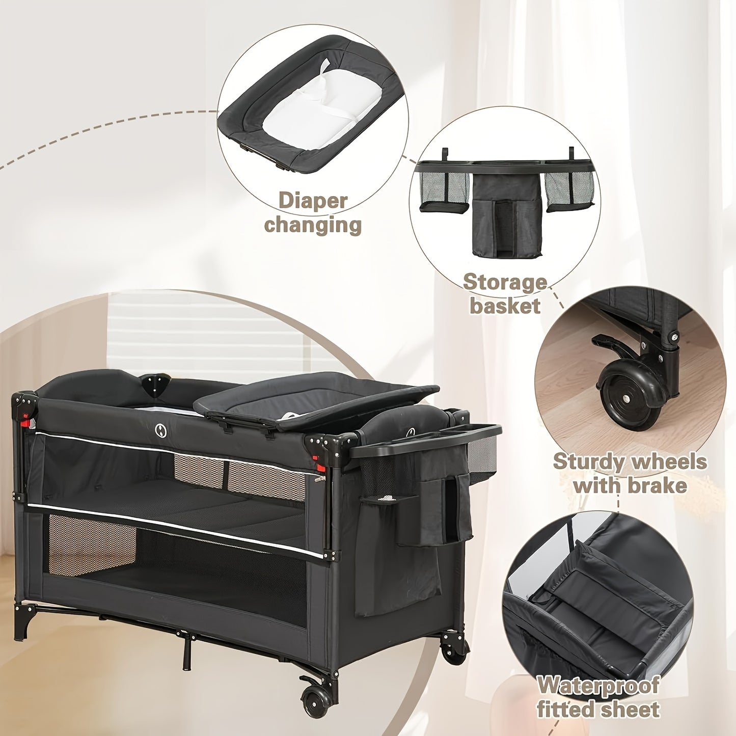 5 in 1 Baby Bassinet Beside Sleeper, Pack and Play Bassinet, Multifunction Portable Playard with Bassinet Crib,