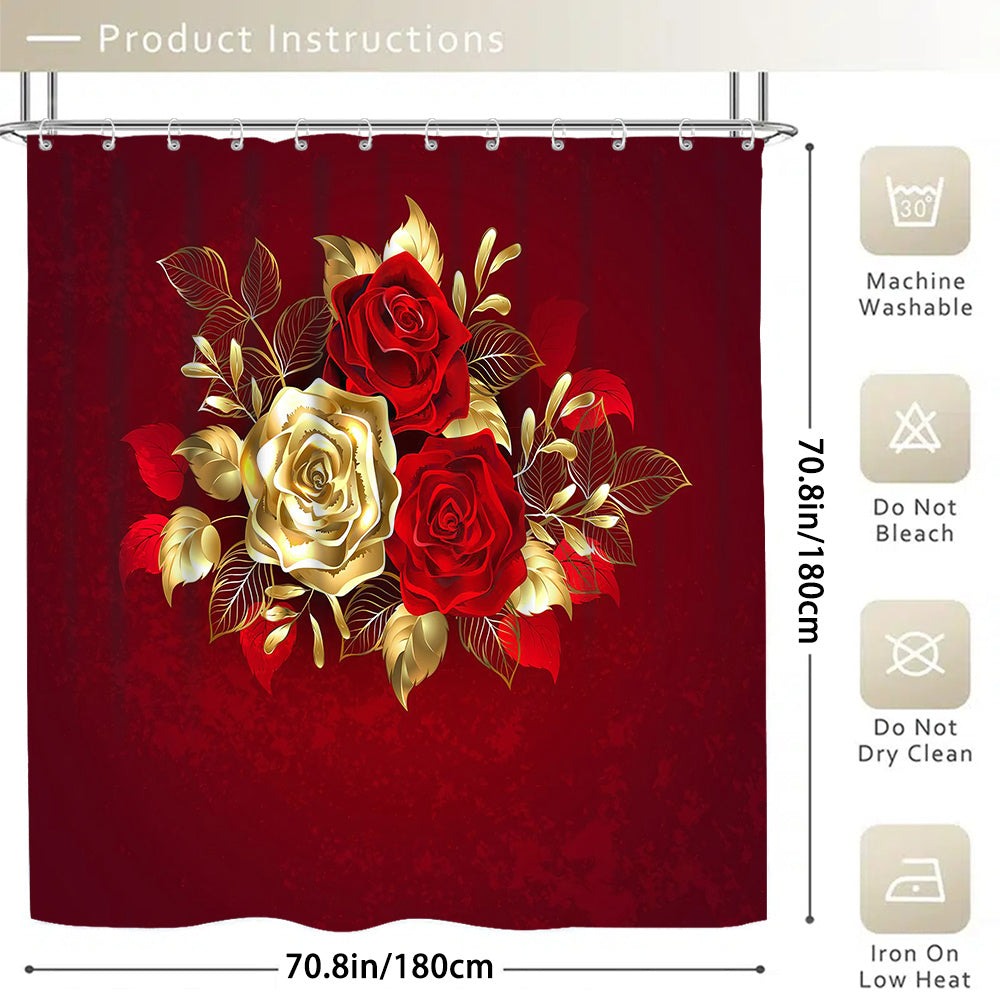 4pcs gold rose curtain shower curtain decoration, beautiful housewarming gift, modern home decoration, waterproof shower curtain and toilet floor mat three piece set with 12 shower curtain hooks