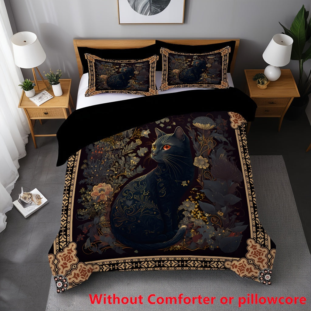 2/3pcs Bohemian Black Cat Print Duvet Cover Set (1 Duvet Cover + 1/，2 Pillowcase, Without Core), Soft Comfortable Bedding Set, for Bedroom,