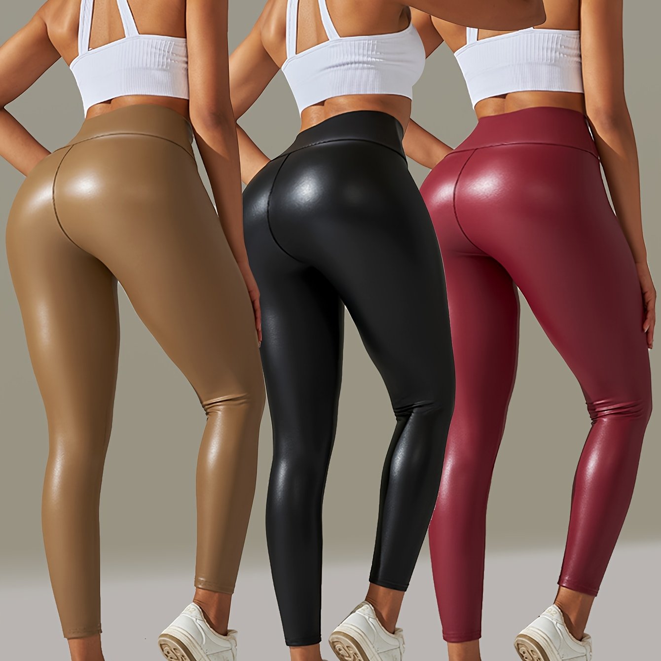 3pcs Of Big Size Faux Leather Pants Women'S Leggings High Waist Tight Sexy Color Yoga Pants Women