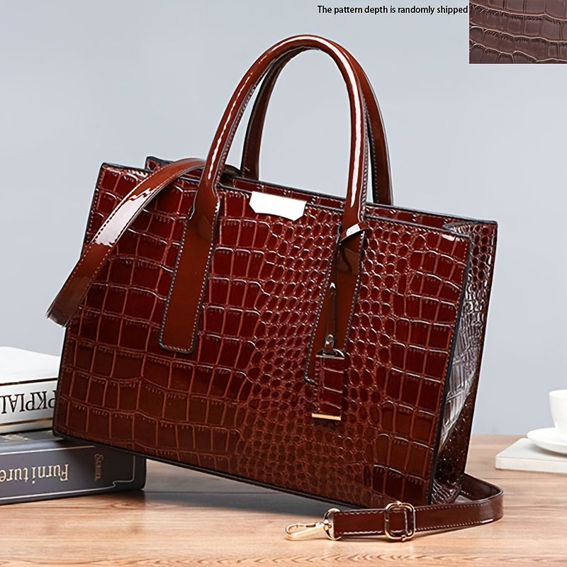 Chic Crocodile-Embossed Tote Bag for Women - Spacious & Versatile with Adjustable Strap, Zip Closure - Perfect for Work or  Available in Brown/Black