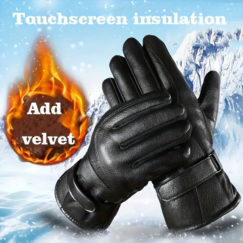 1 Pair Elegant Men'S Winter Gloves, PU Leather, 100% Polyester Fiber, black