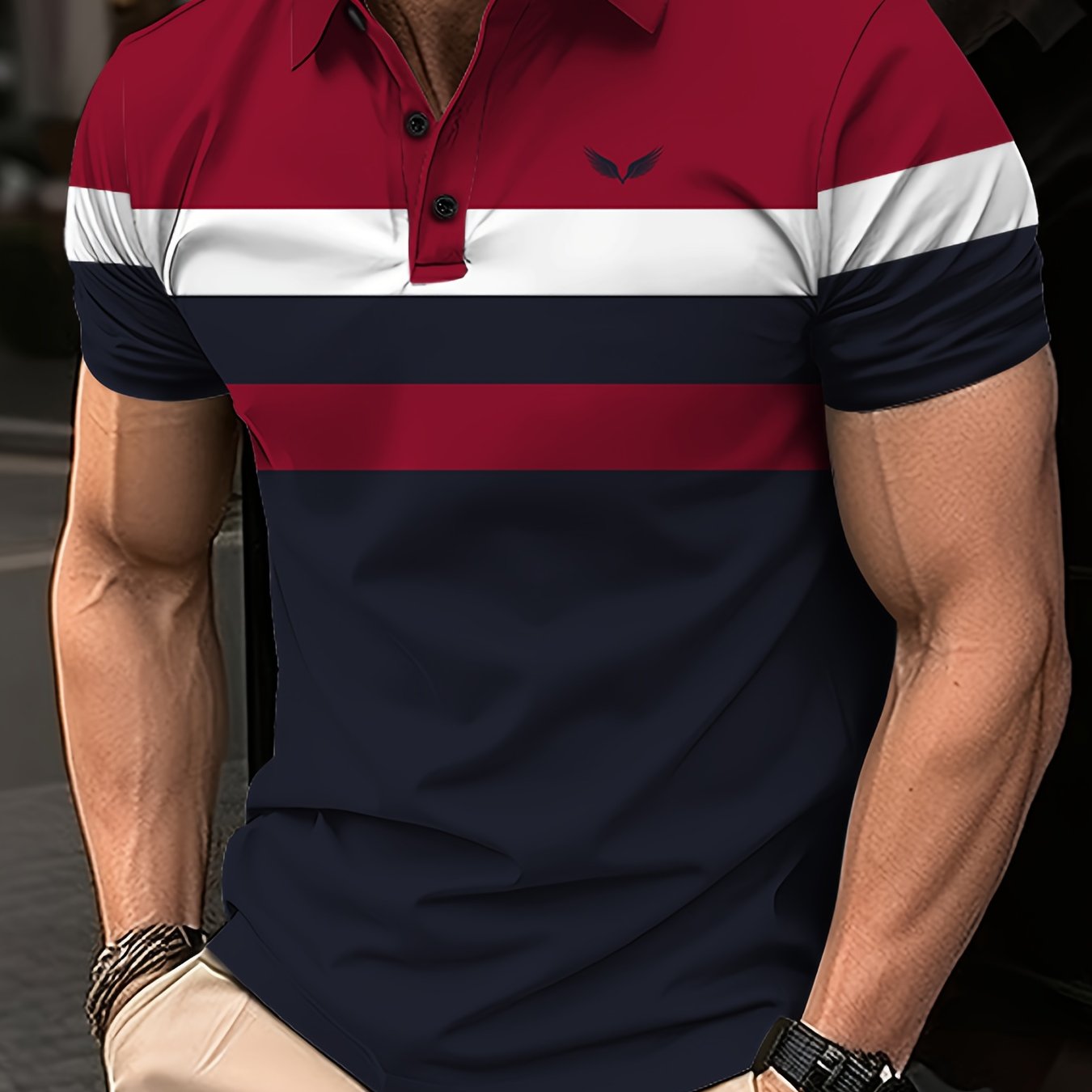 Men's Color Blocking Stripe Print Golf Shirt for Summer, Casual Stylish Short Sleeve Top As Gift