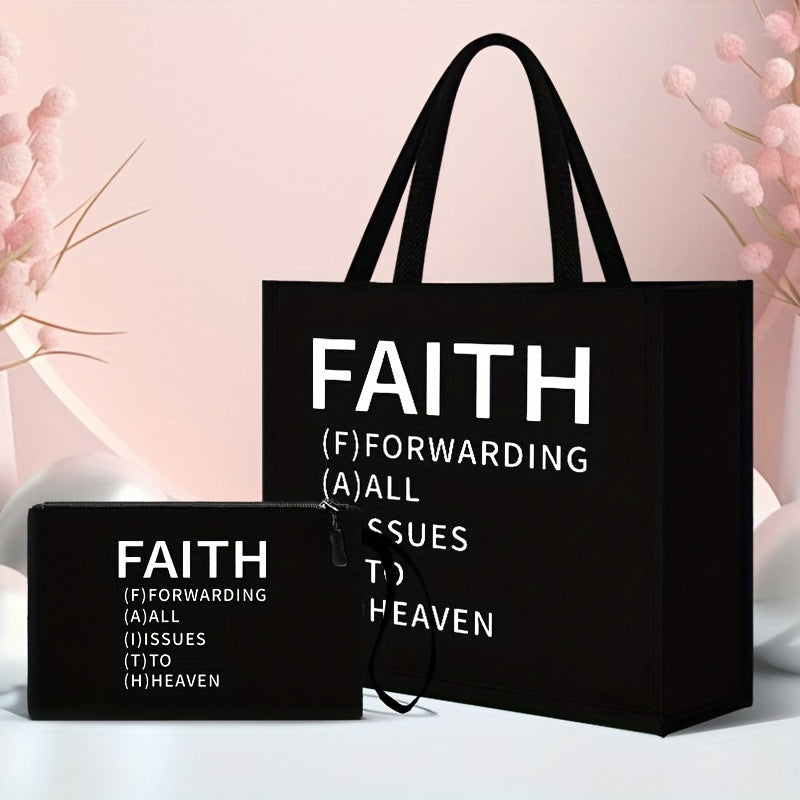 2pcs Faith-Inspired Linen Tote Bag and Pouch Set, Large Capacity Shoulder Bag with Printed Lettering,