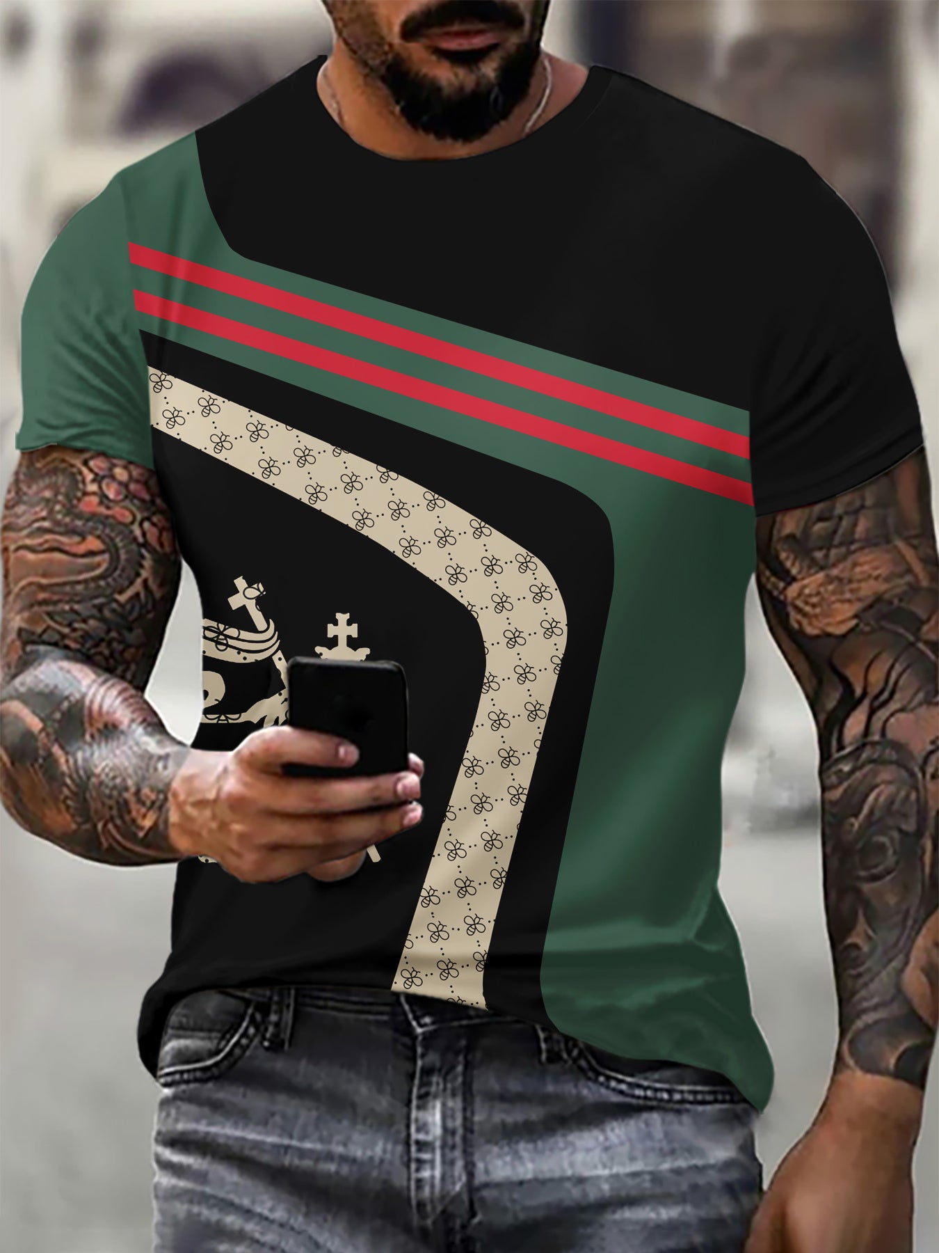 Men's Casual Short Sleeve T-Shirt with 3D Digital Print, Retro Stripe And Lion Pattern, Breathable Polyester Fabric, Round Neck, Summer Fashion