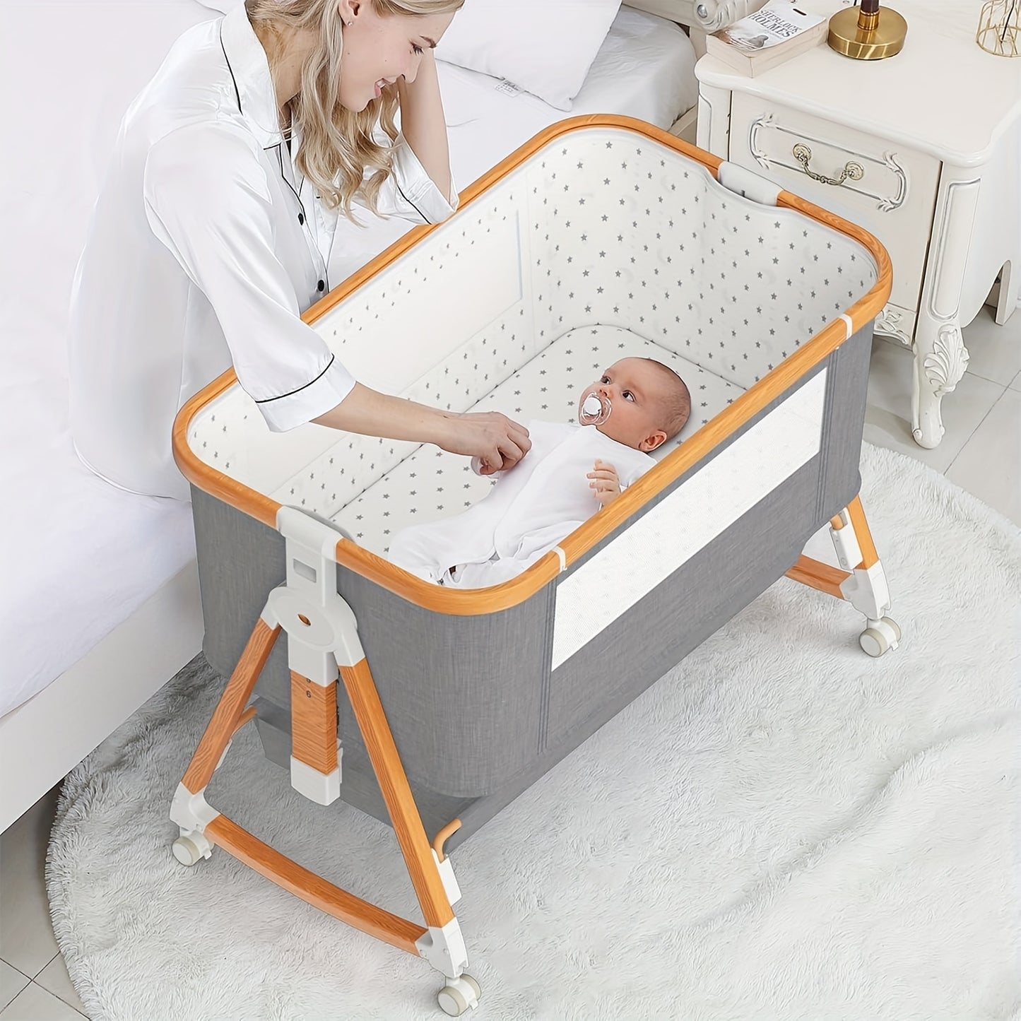 Modern 3-in-1 Youngsters Bassinet in Grey/Black - Rocking Bedside Sleeper with Comfy Mattress & Wheel