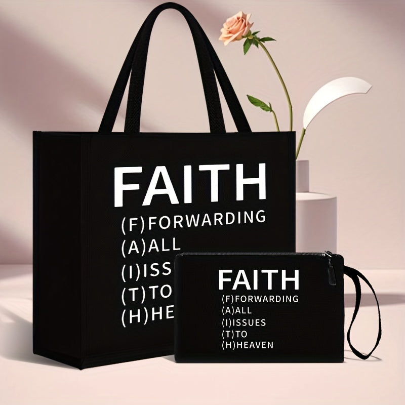 2pcs Faith-Inspired Linen Tote Bag and Pouch Set, Large Capacity Shoulder Bag with Printed Lettering,