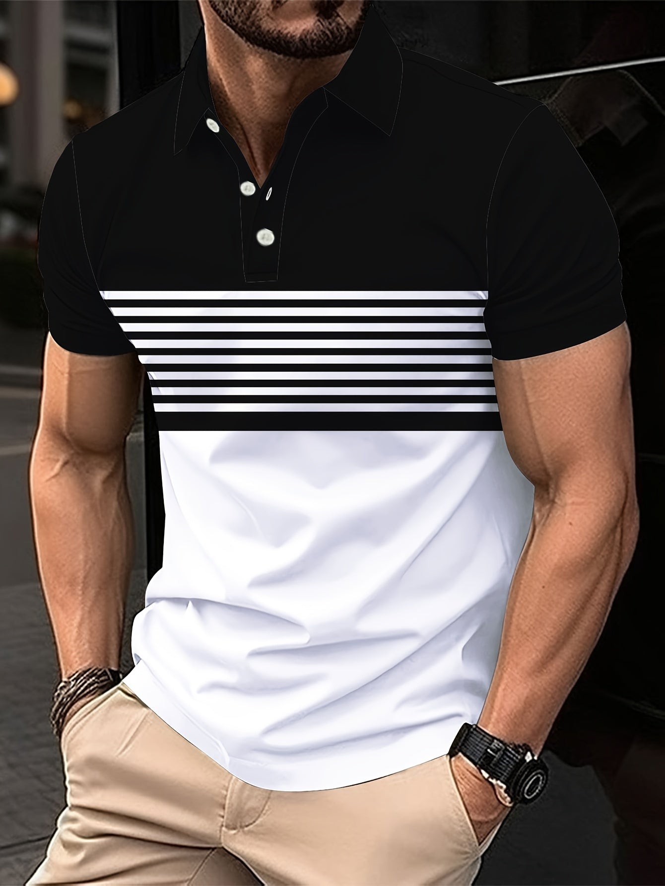 Stylish Men's Striped Golf Shirts - Color-Blocked, Short Sleeve, Lapel Design, Slight Stretch, Regular Fit, - Perfect for Warm Weather Outings