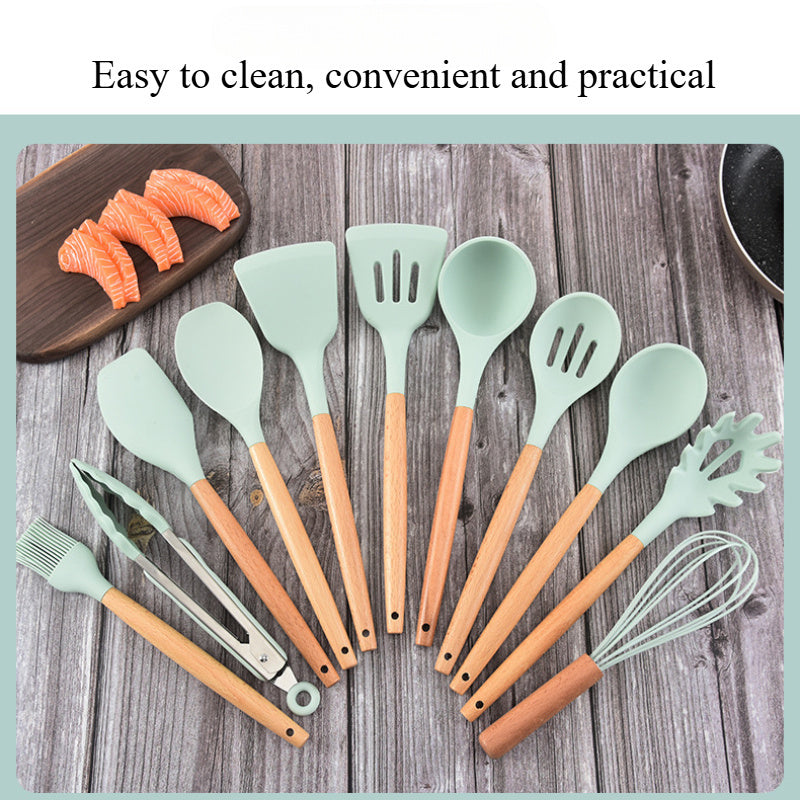 Non-Stick Cookware Storage Bucket, 12pcs Silicone Kitchen Utensil Set with Wooden Handles, Silicone Kitchen Tools Including Spatula, Oil Brush, Whisk, Tongs, And Ladle.