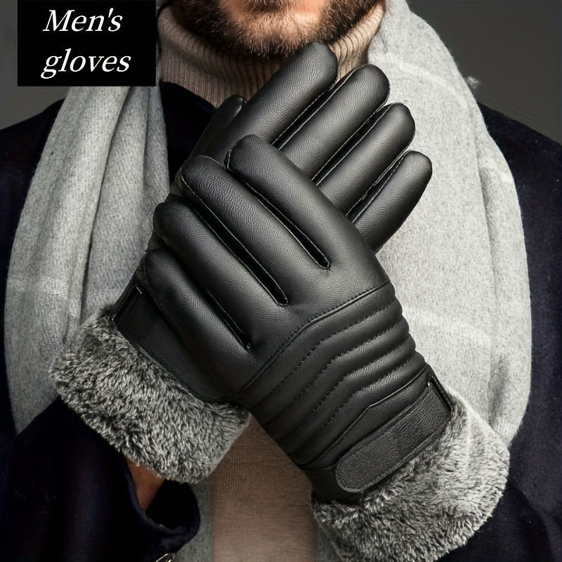 1 Pair Men'S Winter Gloves, for Snow, Skiing, Cycling, Black, Faux Leather, Unisex