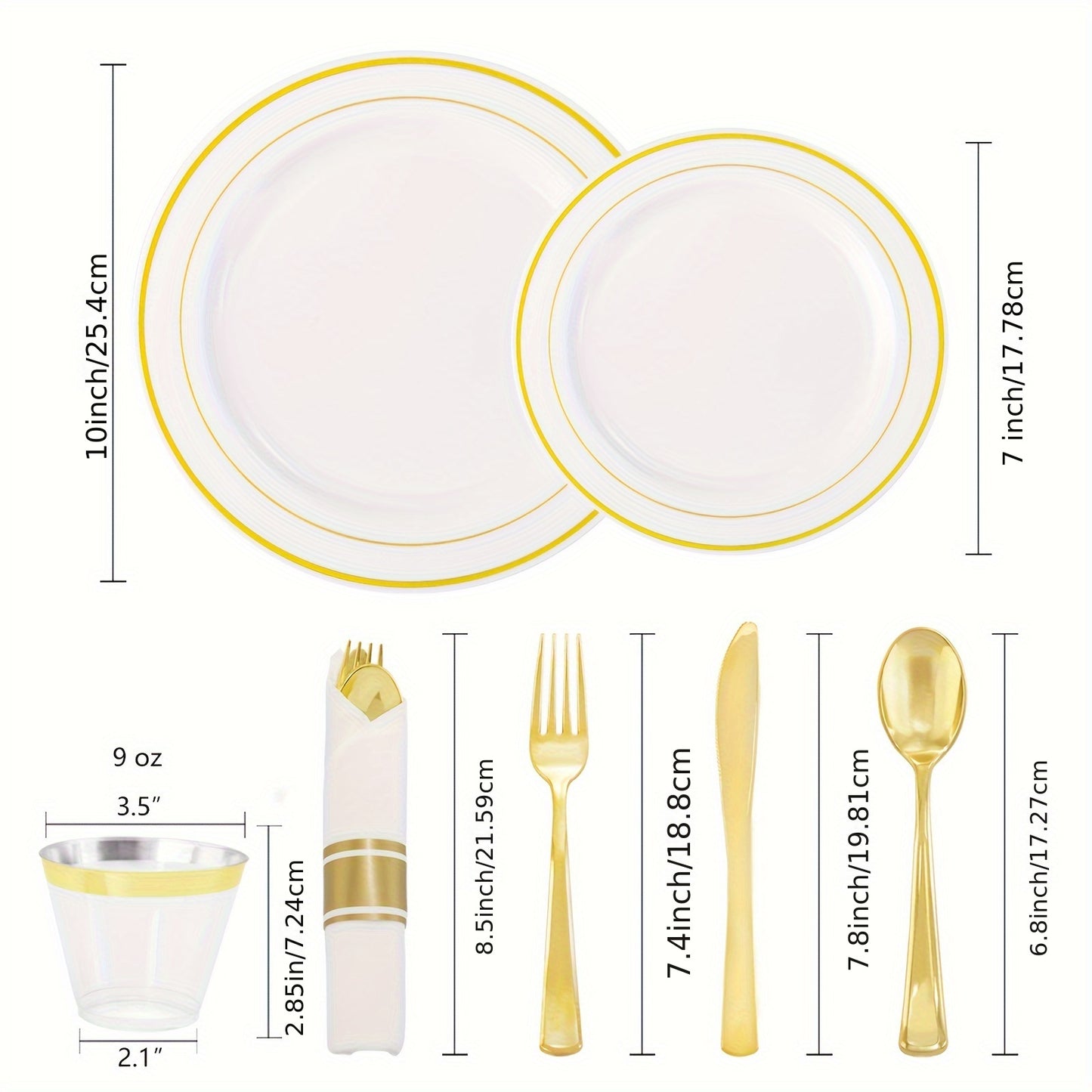 350pcs Golden Plastic Plates with Disposable Silverware and Cups Include:50 Dinner Plates 50 Dessert Plates 50 Golden Rim Cups 9 OZ 50 Golden Cutlery