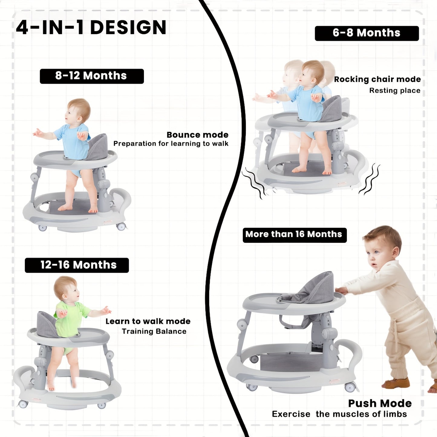 4-in-1 Foldable Baby Walker From 6 Months, Baby Activity Walker With Adjustable Height, Removable Tray,