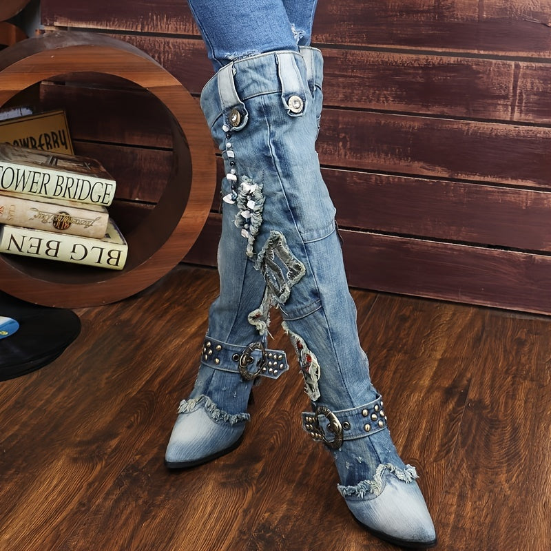 Knee High Women's Denim Boots with Rivet Punk Stiletto Heel and Pointed Toe