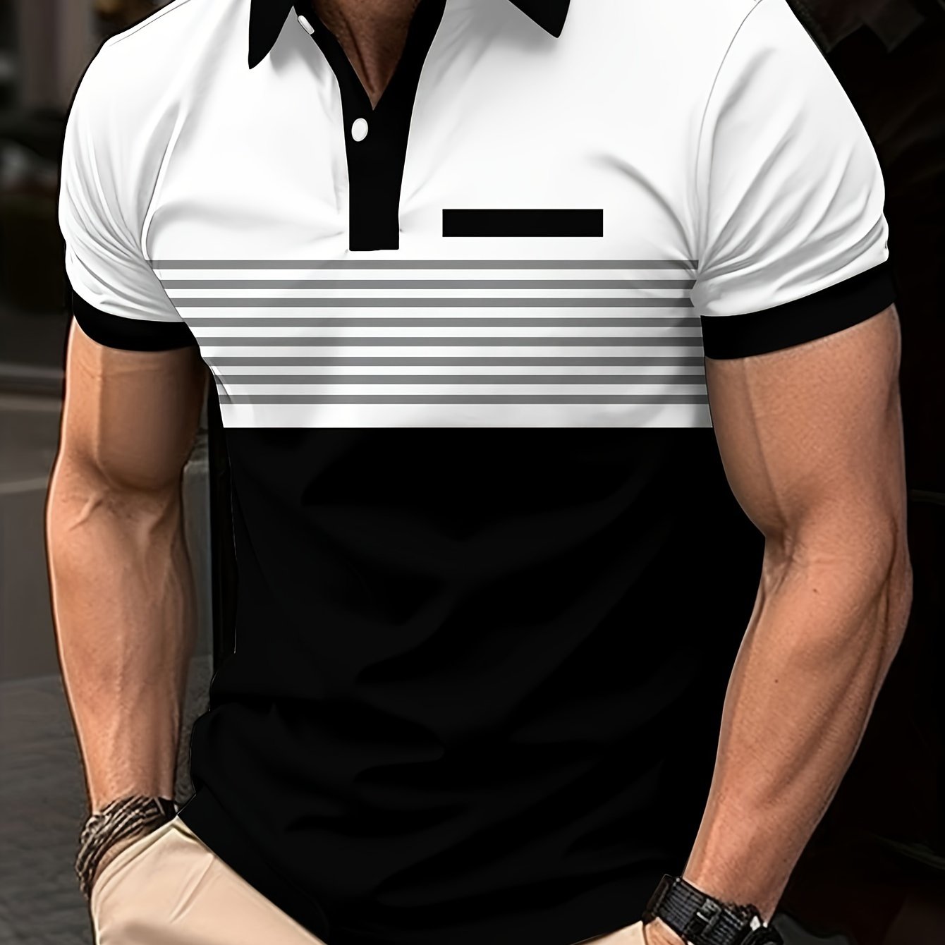 Stylish Men's Striped Golf Shirts - Color-Blocked, Short Sleeve, Lapel Design, Slight Stretch, Regular Fit, - Perfect for Warm Weather Outings