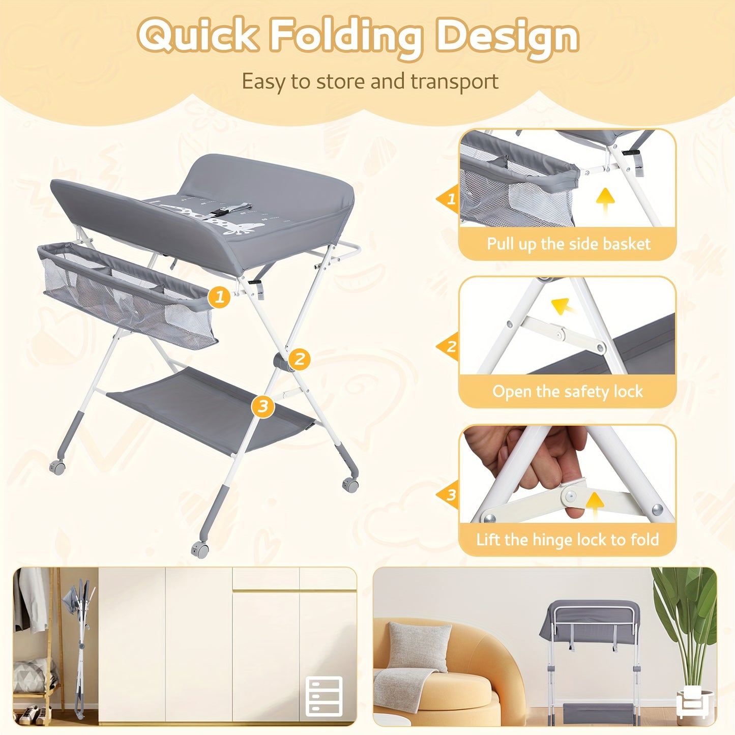 Baby Portable Folding Diaper Changing Station With Wheels, Adjustable Height Mobile Nursery.