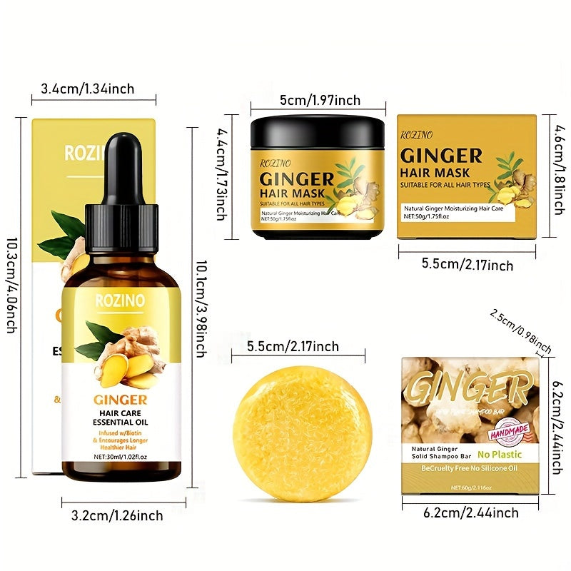 Ginger Hair Care Set, including shampoo, conditioner, shampoo soap, hair mask and essential oil, provides a comprehensive hair care solution,