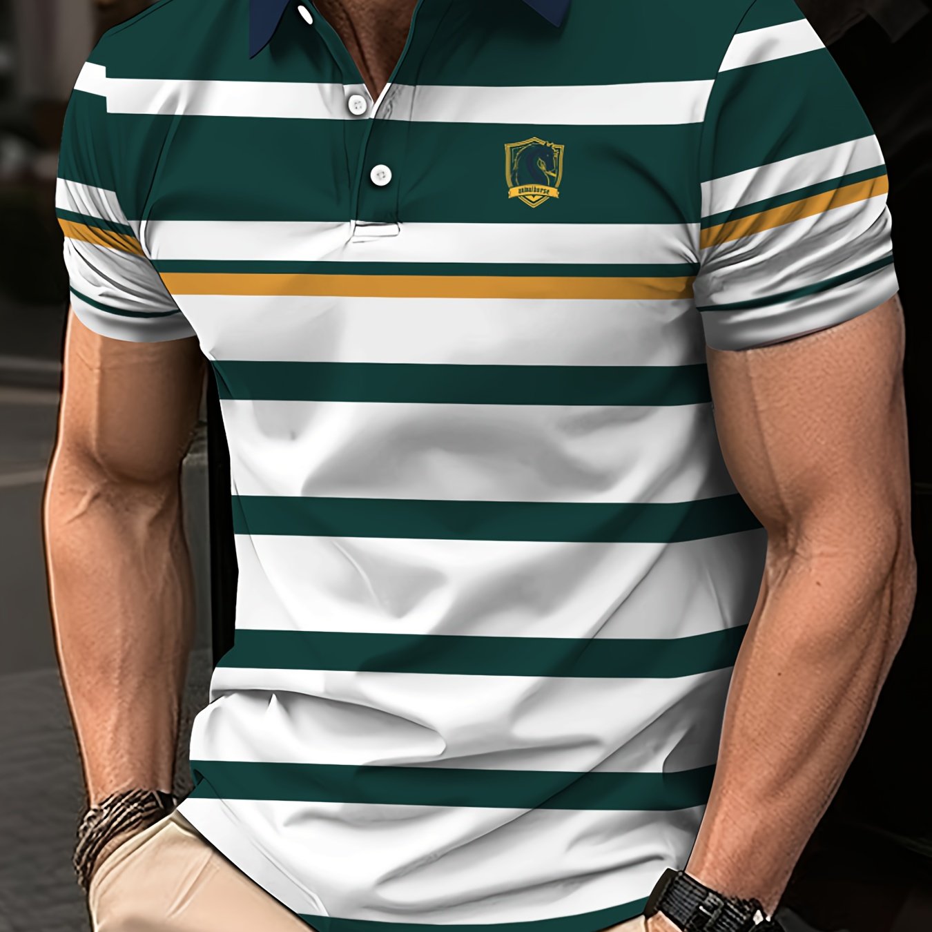 Men's Striped Golf Shirt, Casual Short Sleeve Lapel Shirt for Summer Outdoor