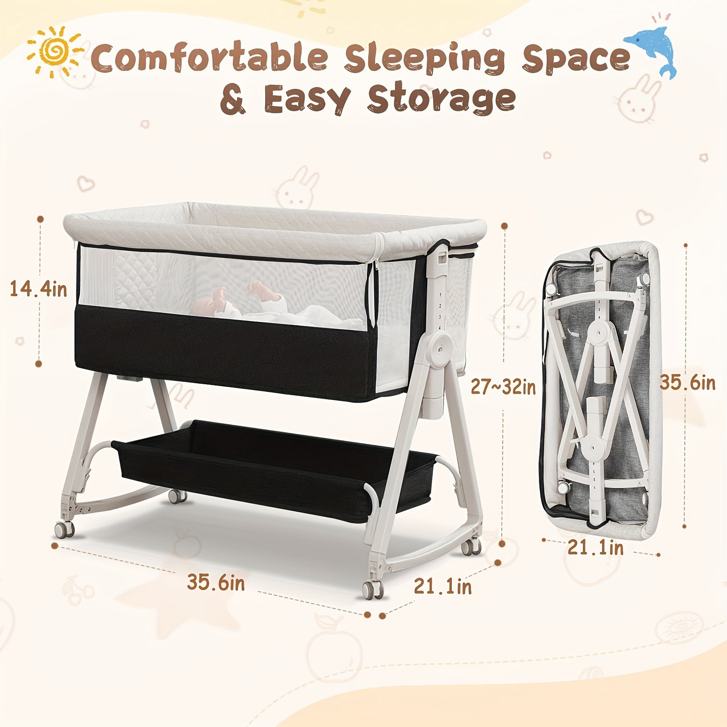 Baby Bassinet, 3-in-1 Baby Bassinet Bedside Bed With Mosquito Net, Full Mesh And Adjustable Height Headboard Crib For Newborns 0-6 Months