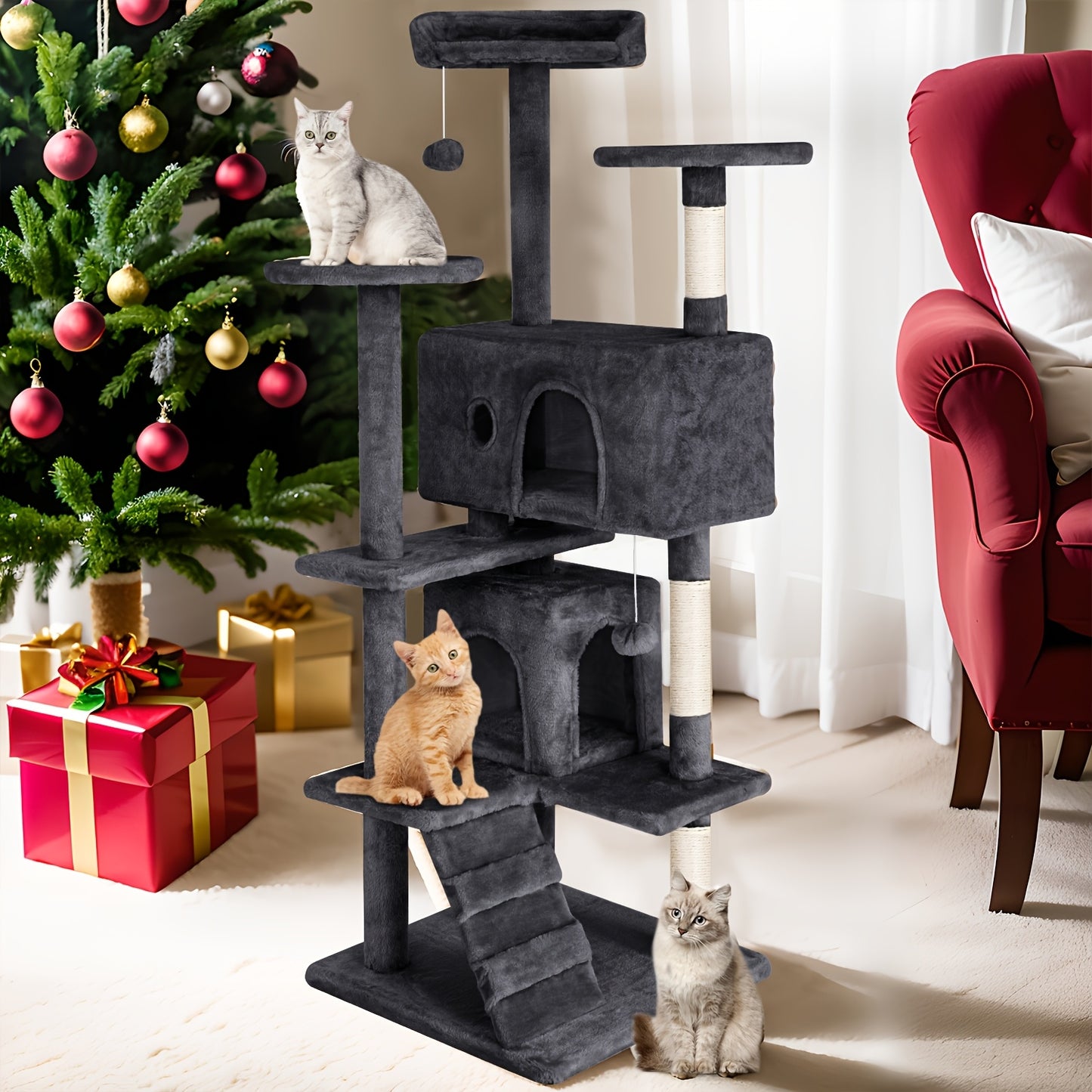 54"-70" Multi-Level Cat Tree Tower for Indoor Cats, Durable Plywood