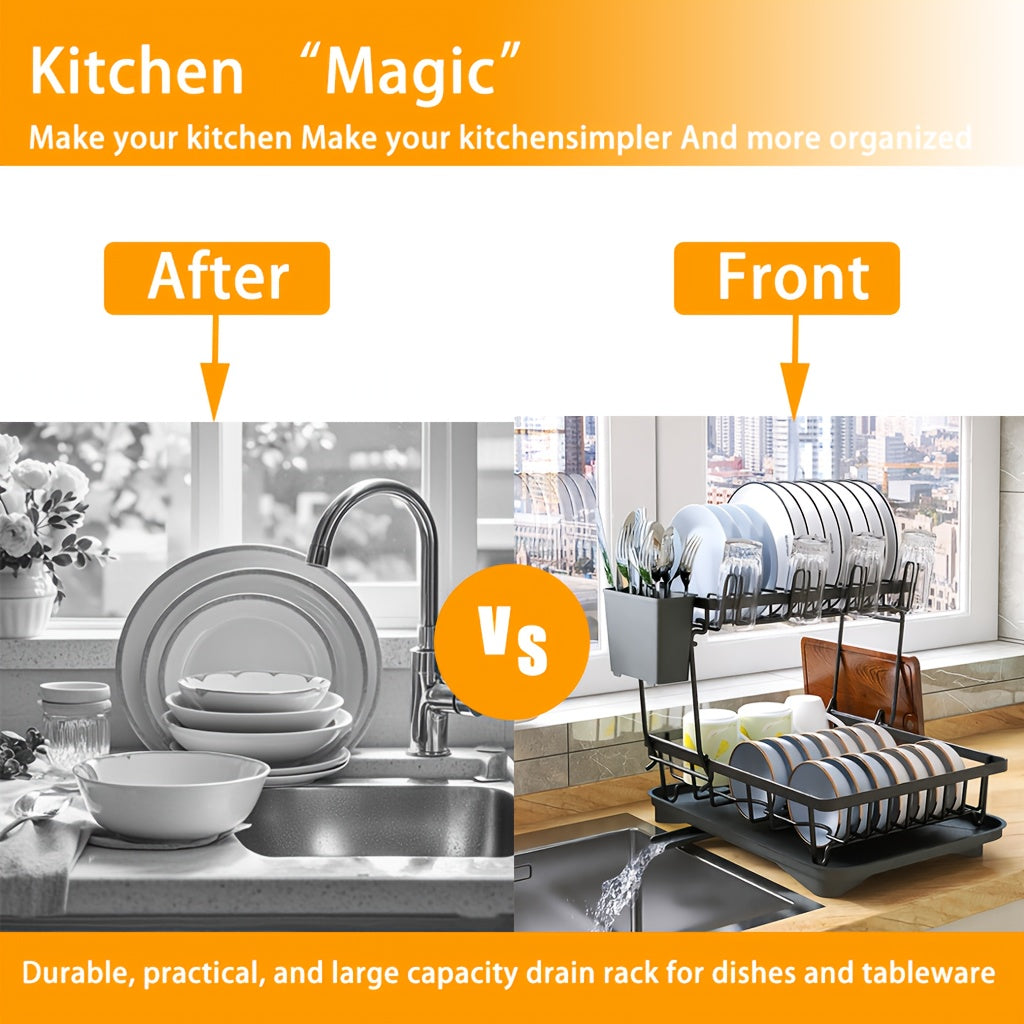 2-Tier Metal Dish Drying Rack with Self-Draining, Multifunctional Kitchen Counter Strainer